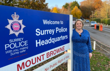 Lisa at the entrance to Surrey Police HQ, Mount Browne, Guildford
