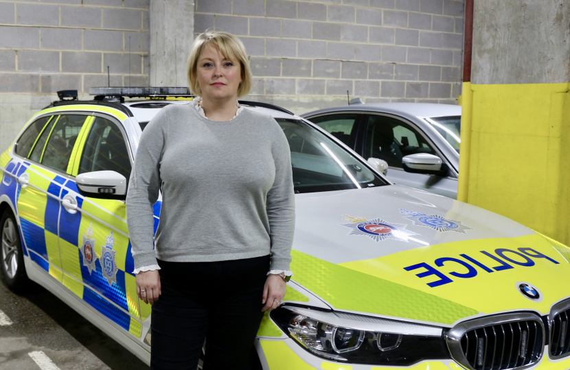 Lisa stands next to a police car