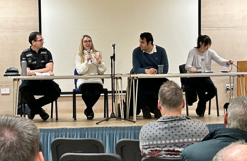 Inspector James Wyatt - Runnymede Borough Commander, Ellie Vesey-Thompson - Deputy Police and Crime Commissioner, Cllr Alex Balkan - Chair, Cllr Marisa Heath - Cabinet Member for the Environment at Surrey County Council all pictured at the meeting