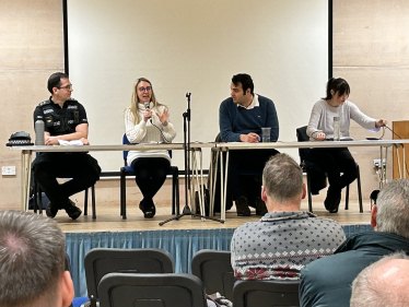 Inspector James Wyatt - Runnymede Borough Commander, Ellie Vesey-Thompson - Deputy Police and Crime Commissioner, Cllr Alex Balkan - Chair, Cllr Marisa Heath - Cabinet Member for the Environment at Surrey County Council all pictured at the meeting