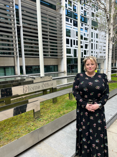 Police and Crime Commissioner, Lisa Townsend, stands at the entrance to the Home Office